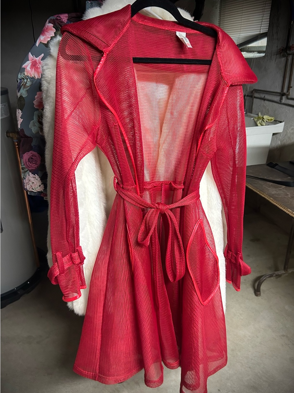 Red Mesh Trench Coat with Tie Belt